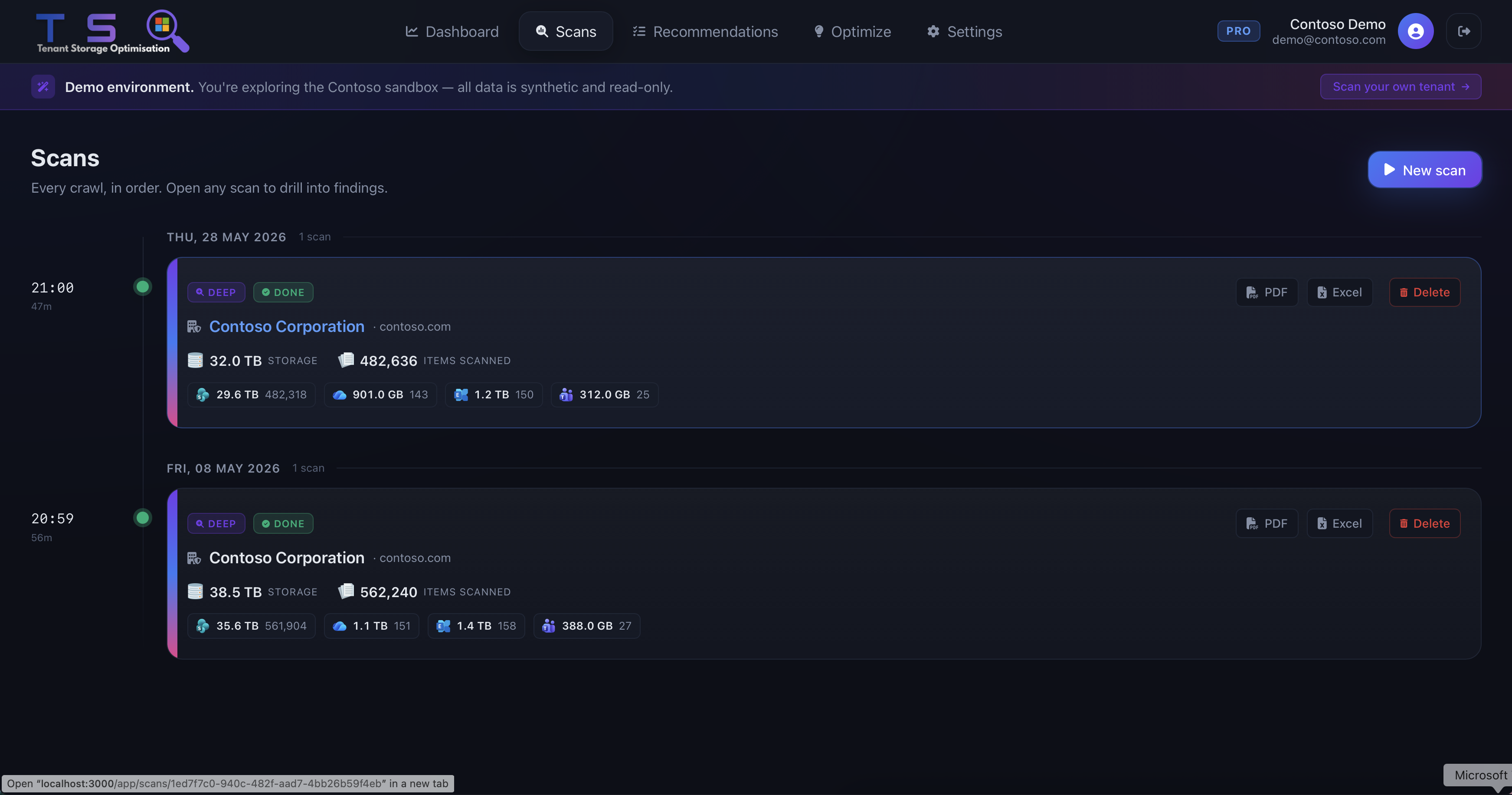 TSO scans list showing multiple completed deep scans with storage totals and item counts
